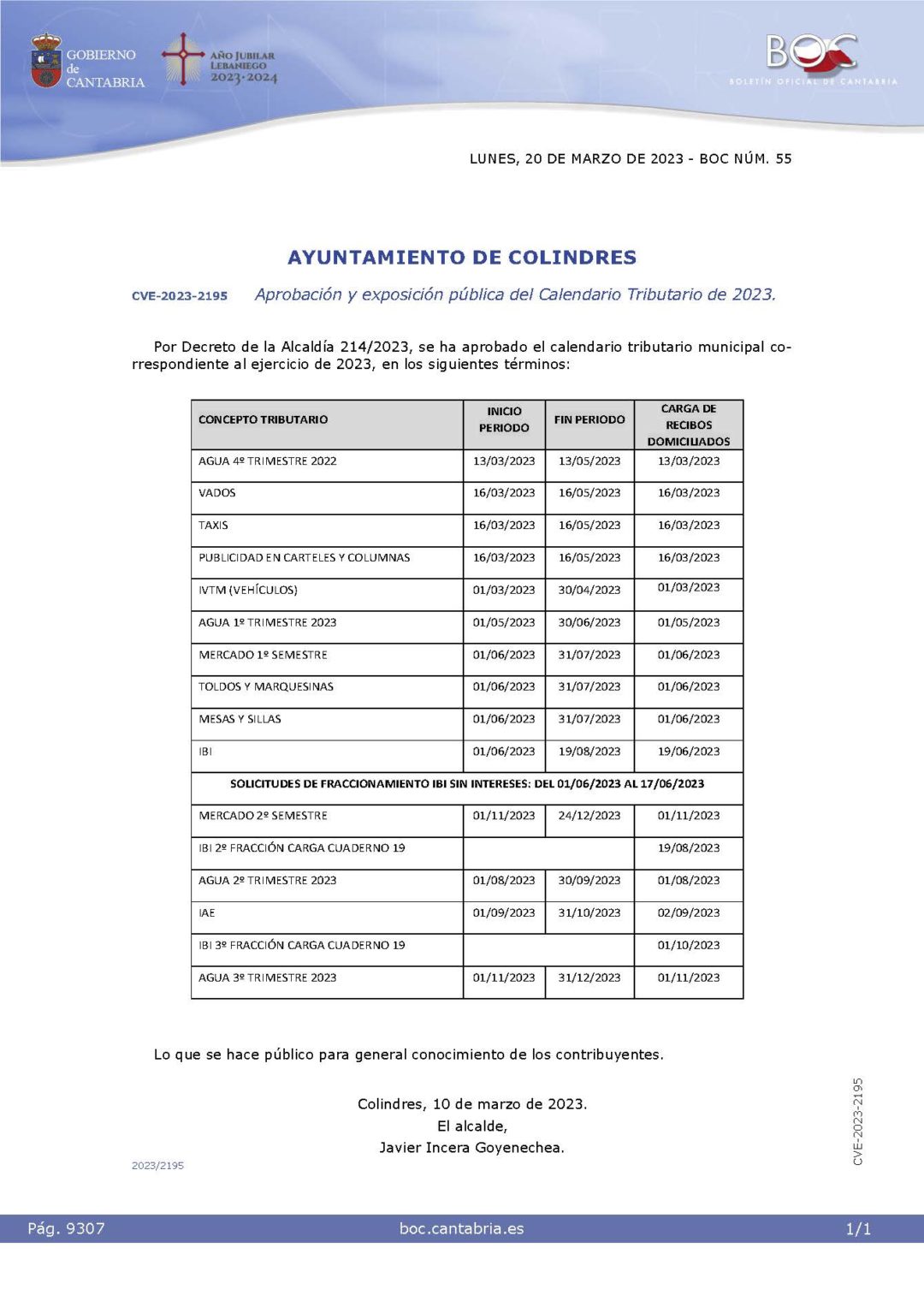 APROBACIÓN CALENDARIO FISCAL BOLETÍN OFICIAL DE CANTABRIA