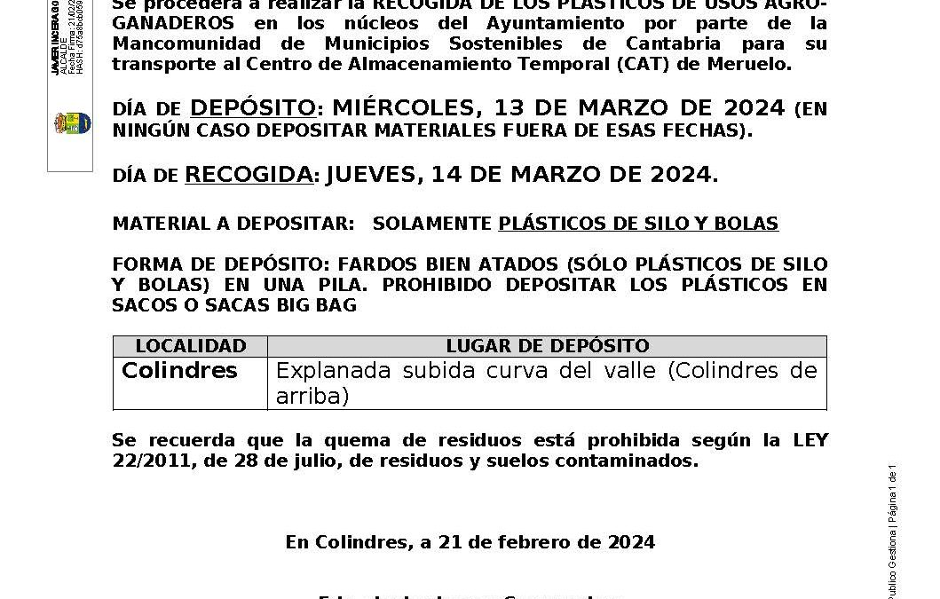 BANDO – RECOGIDA DE LOS PLÁSTICOS DE USOS AGRO-GANADEROS