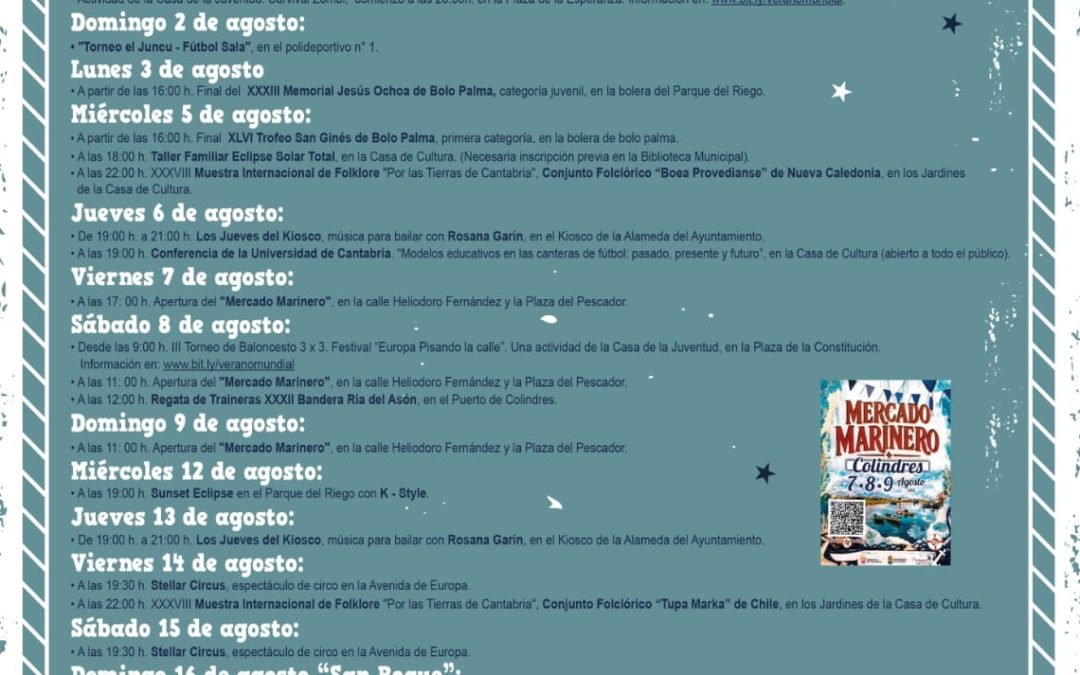 COLINDRES PRESENTA SU PROGRAMACIÓN DE AGOSTO CON UNA AMPLIA OFERTA DE ACTIVIDADES CULTURALES, DEPORTIVAS Y DE OCIO